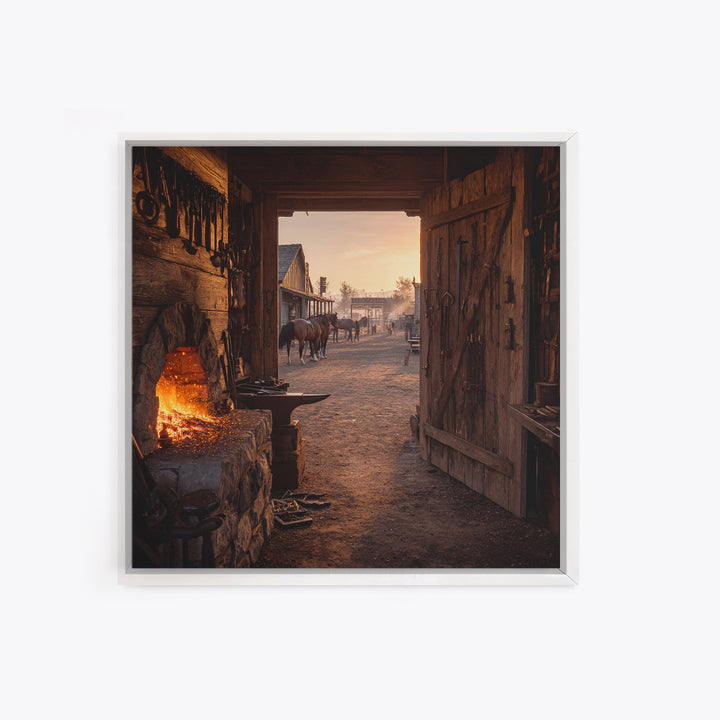Cozy Old West Blacksmith Shop At Sunset Wall Art For Rustic Farmhouse Decor, Western Town Framed Canvas Print