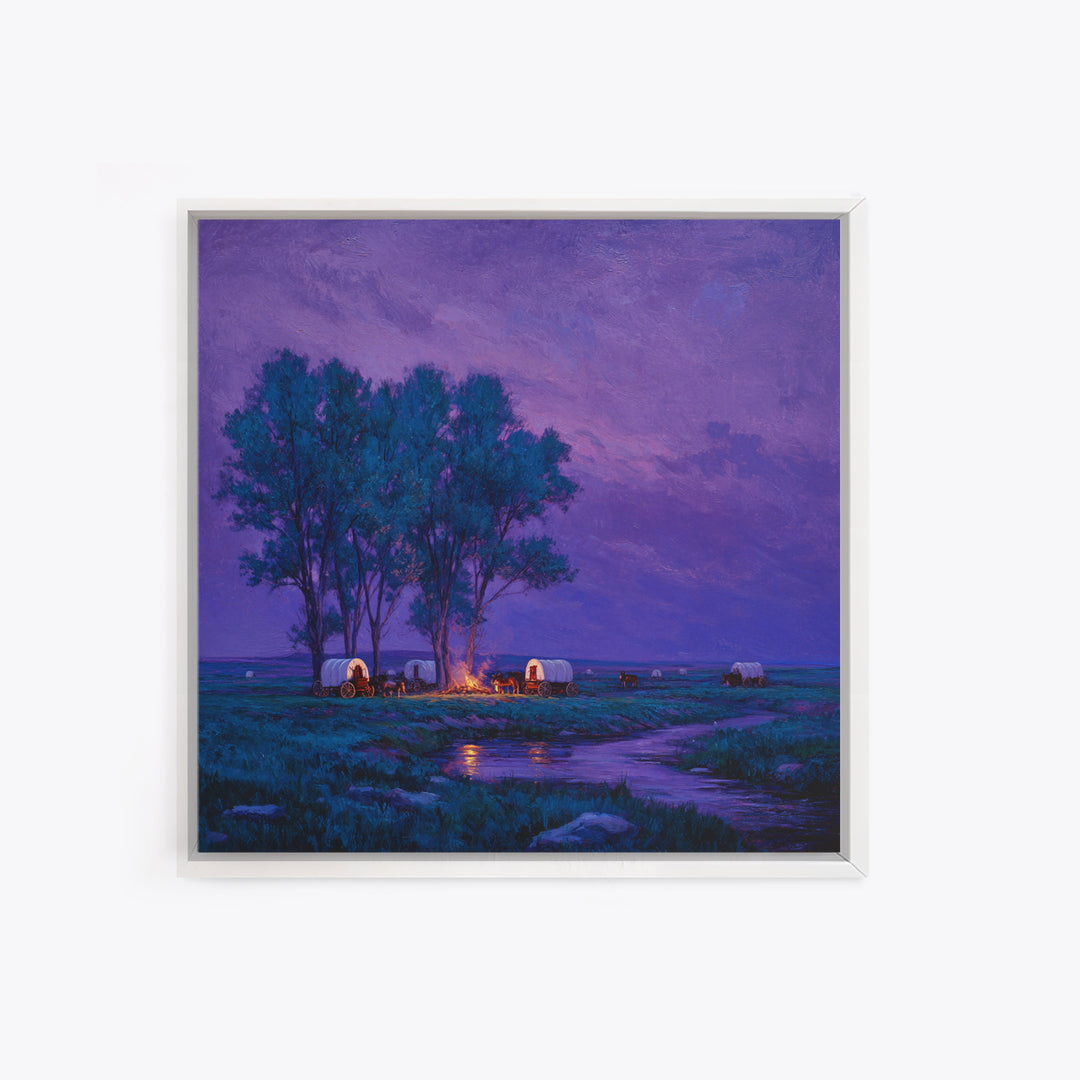 Purple Prairie Campfire Wagons Wall Art, Western Night Landscape Painting, Cozy Cabin Country Decor, Canvas Print