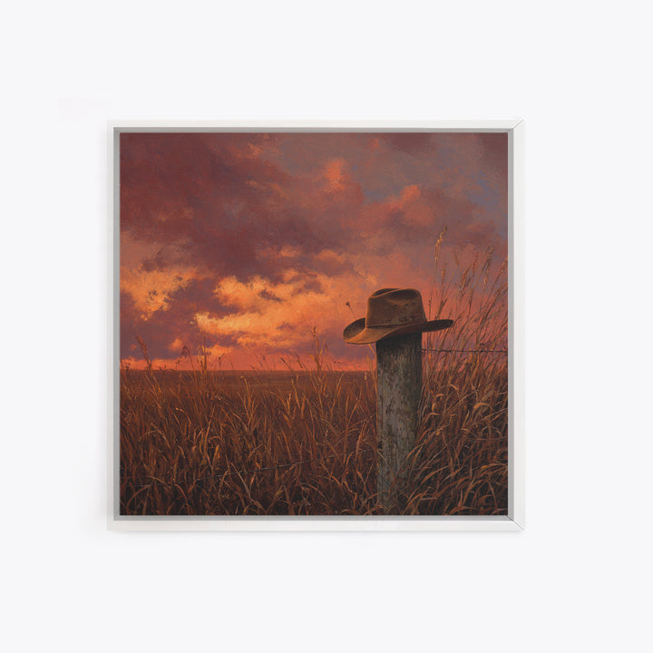 Western Cowboy Hat Sunset Field Wall Art Rustic Landscape Canvas Print Country Home Decor Farmhouse Painting Living Room Art
