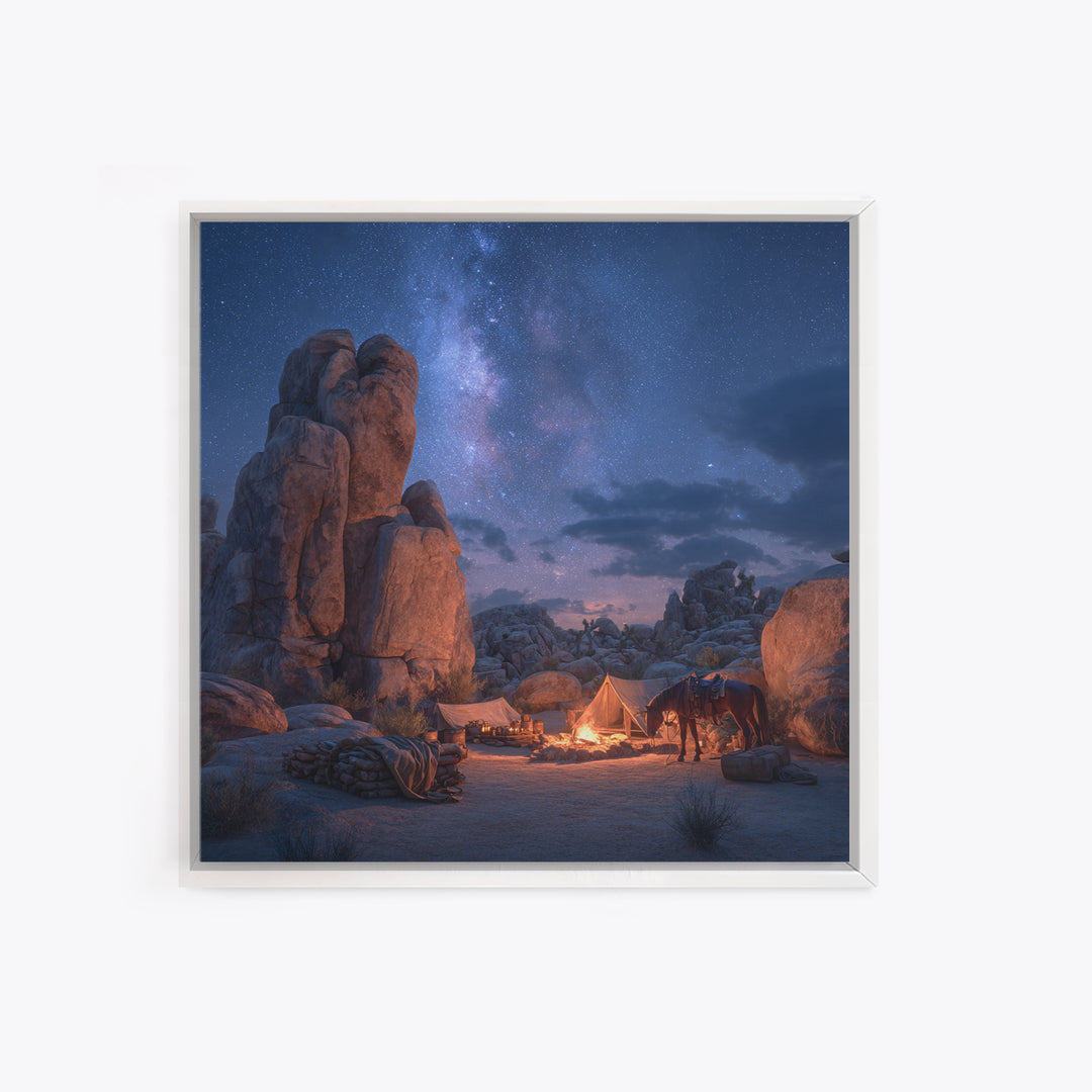 Starry Desert Campfire Wall Art, Western Night Landscape Framed Canvas Print, Cowboy Camping Art, Rustic Cabin Decor
