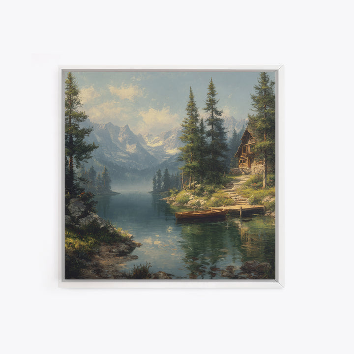 Mountain Lake Cabin Landscape Wall Art Canvas Print, Rustic Country Home Decor, Large Landscape Art, Living Room Wall Decor