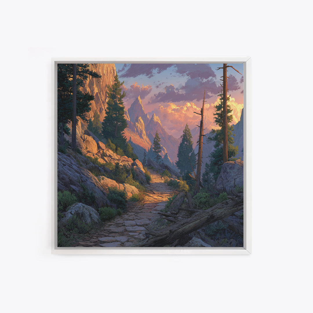 Mountain Trail At Sunset Landscape Wall Art, Scenic Hiking Path Canvas Print, Rustic Nature Home Decor For Living Room