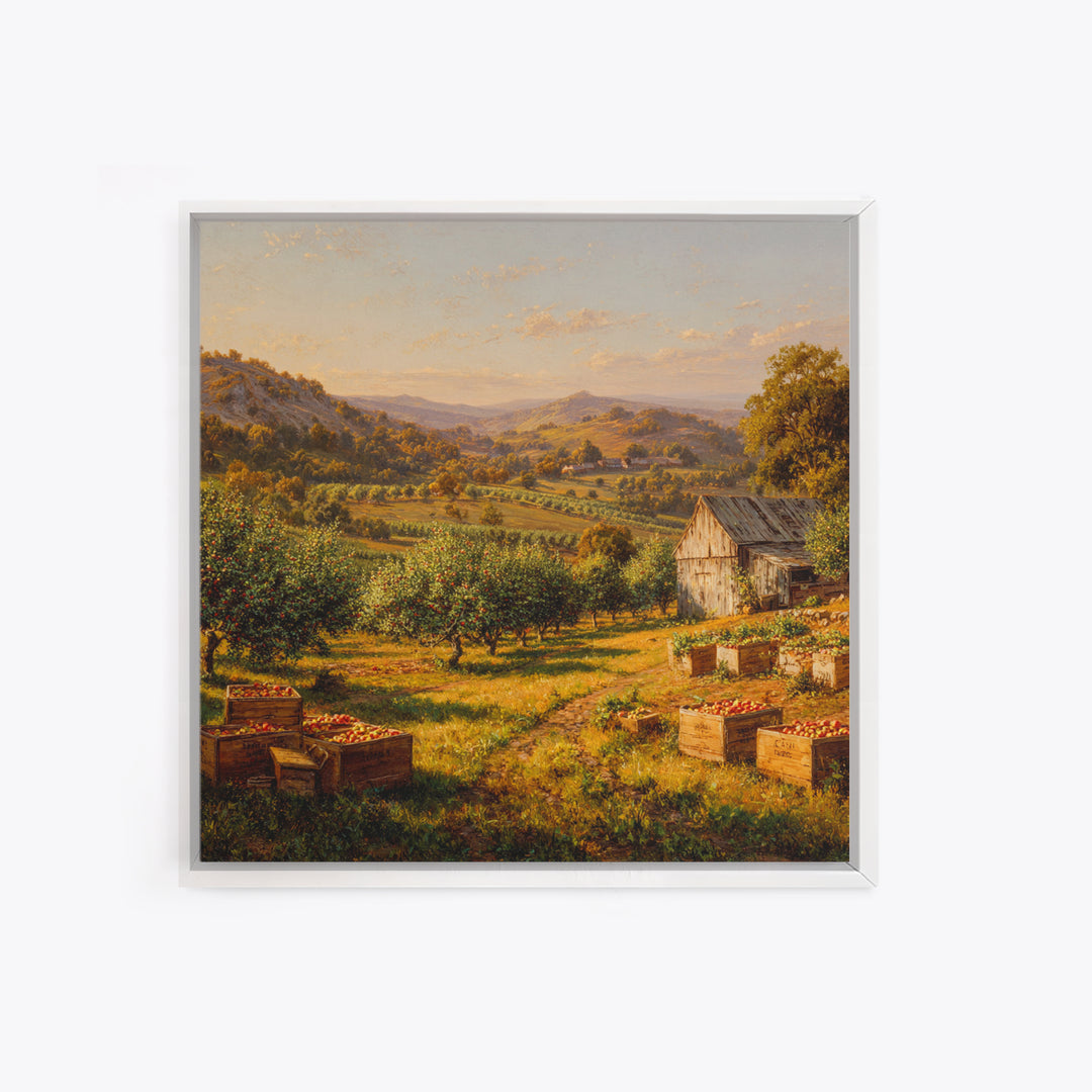 Golden Orchard Valley Landscape Painting Wall Art, Rustic Farm Harvest Print, Country Kitchen And Dining Room Decor