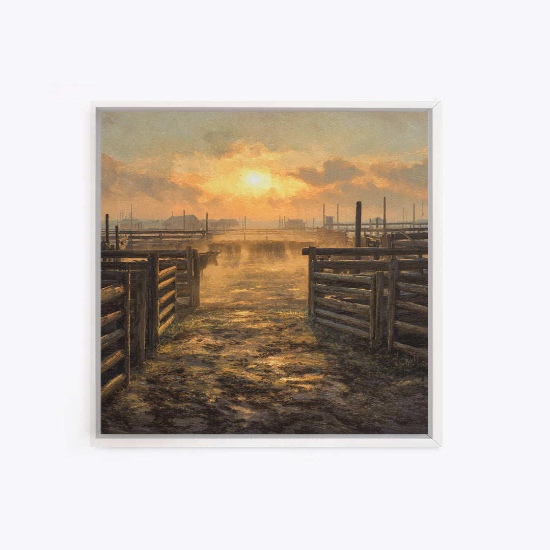 Rustic Cattle Pens Sunrise Oil Painting Wall Art, Western Farmhouse Landscape Print For Country Kitchen Or Living Room Decor