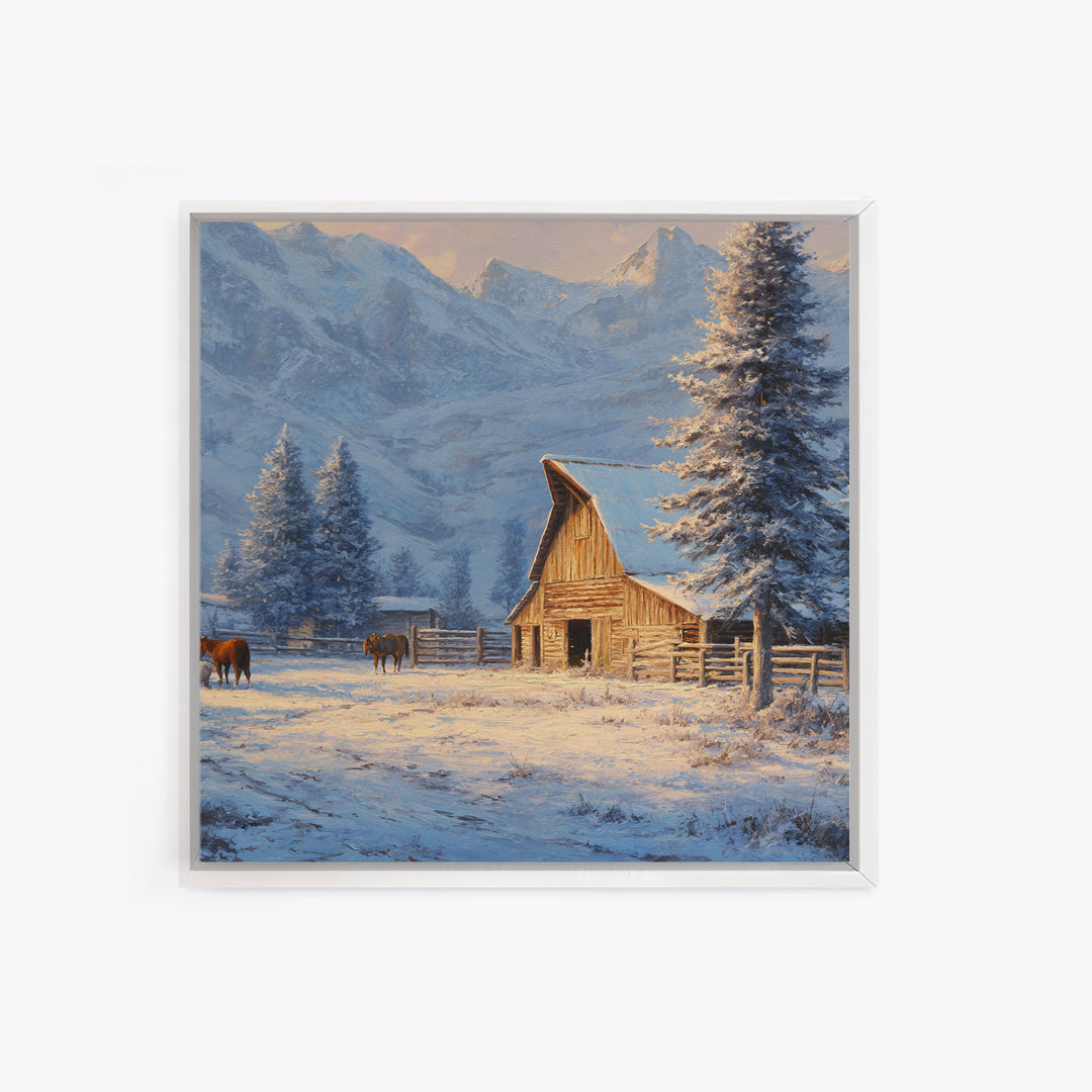 Snowy Mountain Barn Winter Wall Art, Rustic Farm Landscape Canvas Print, Cozy Cabin Decor, Country Farmhouse Living Room Wall Decor