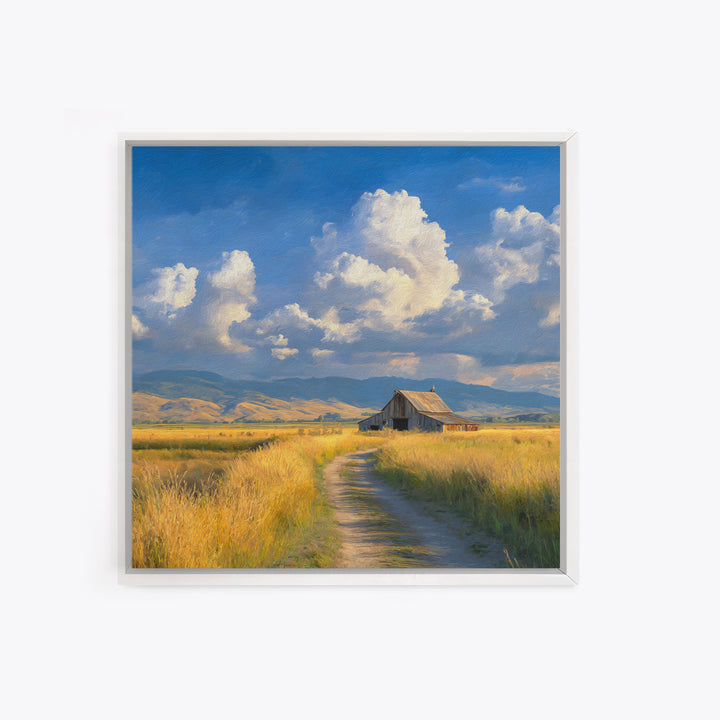 Golden Field Barn Country Landscape Wall Art, Blue Sky Farmhouse Canvas Print, Rustic Country Home Decor For Kitchen Or Living Room