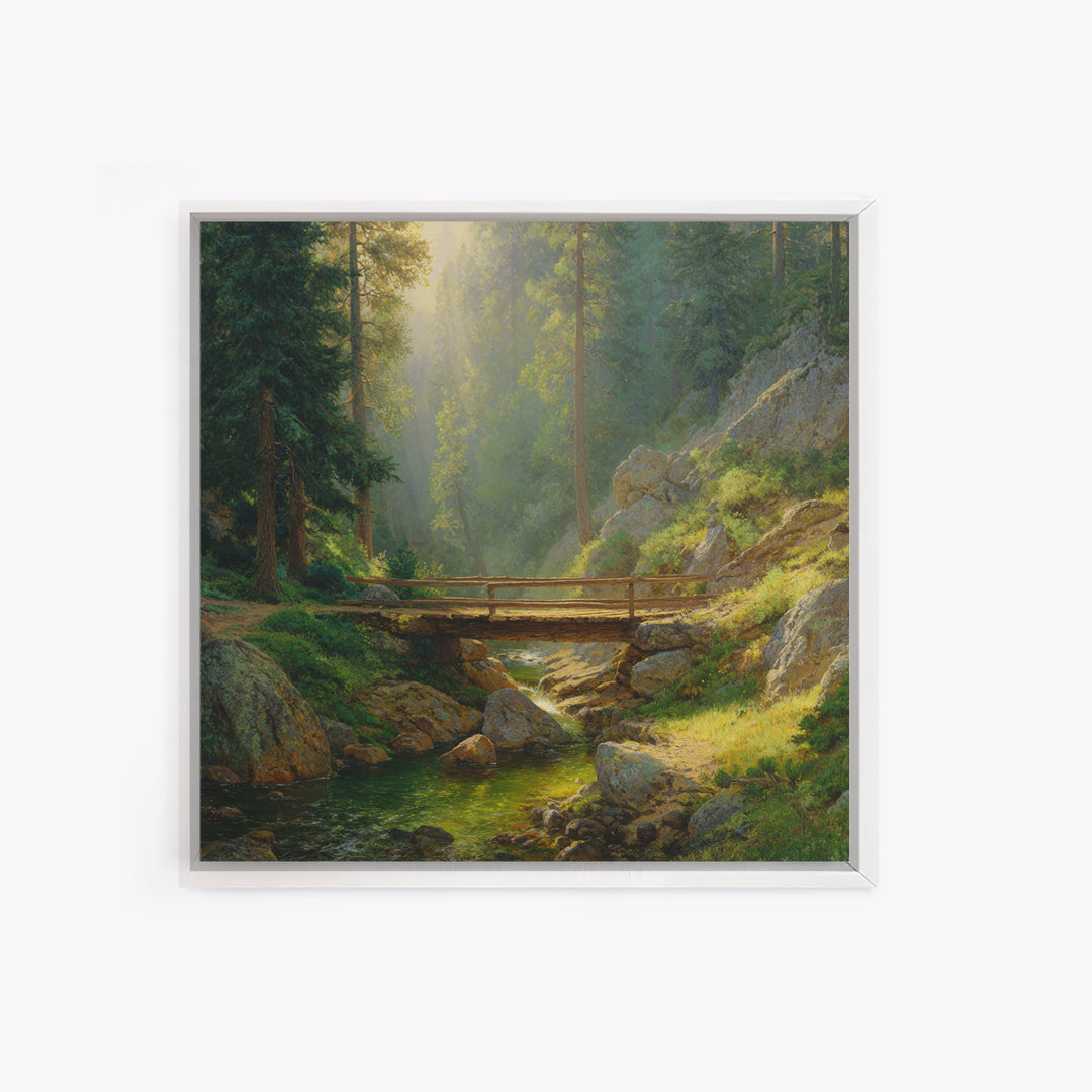 Sunlit Forest Bridge Landscape Wall Art, Tranquil Nature Print, Calming Green Decor, Rustic Country Artwork For Living Room Or Bedroom