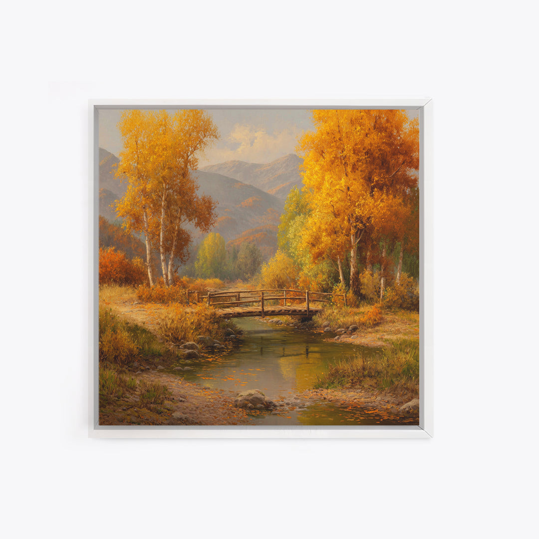Autumn Forest Bridge Landscape Wall Art, Rustic Country Stream Canvas Print, Cozy Fall Home Decor, Living Room Wall Art