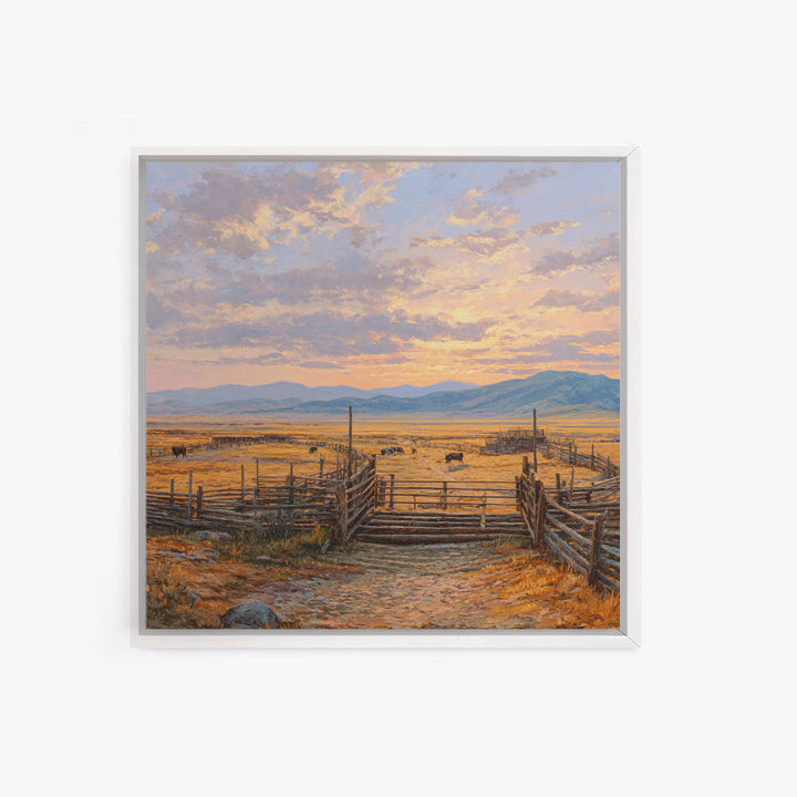 Sunset Cattle Ranch Landscape Painting Wall Art, Rustic Western Pasture Print, Country Farmhouse Living Room Decor