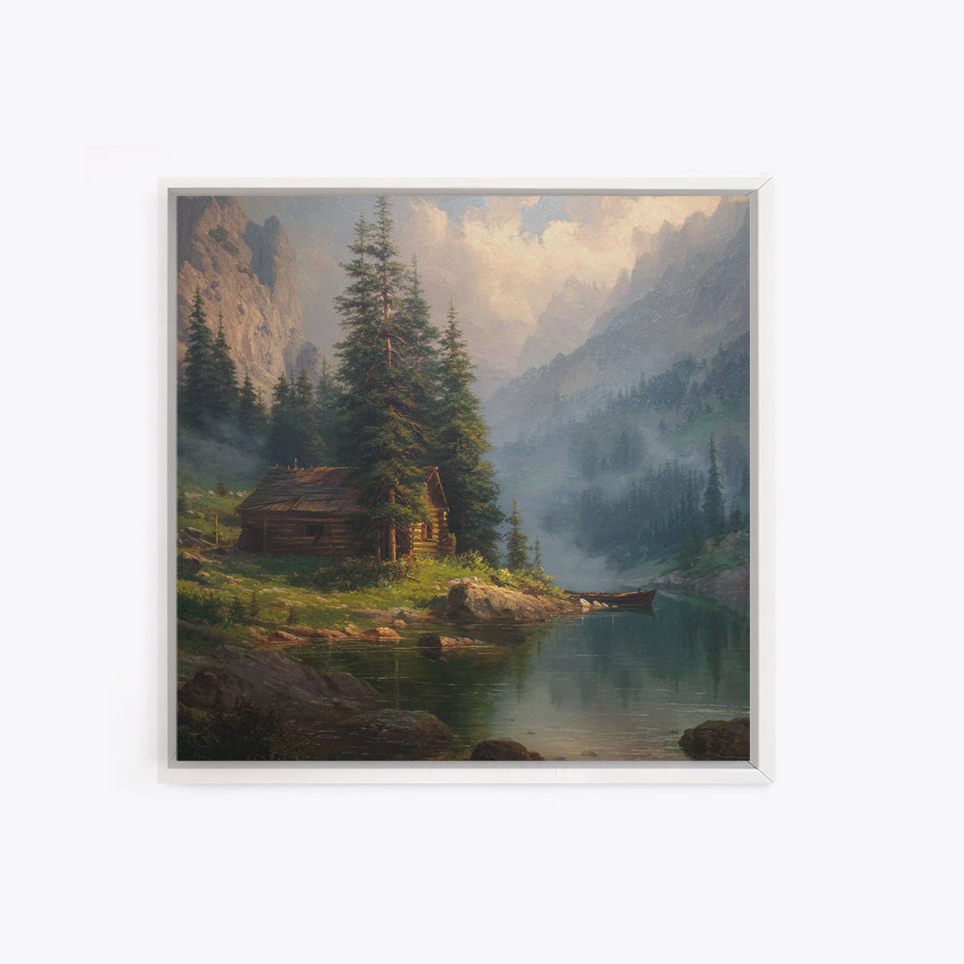 Mountain Cabin Lake Sunset Landscape Wall Art Rustic Nature Painting Home Decor Living Room Decor Canvas Print