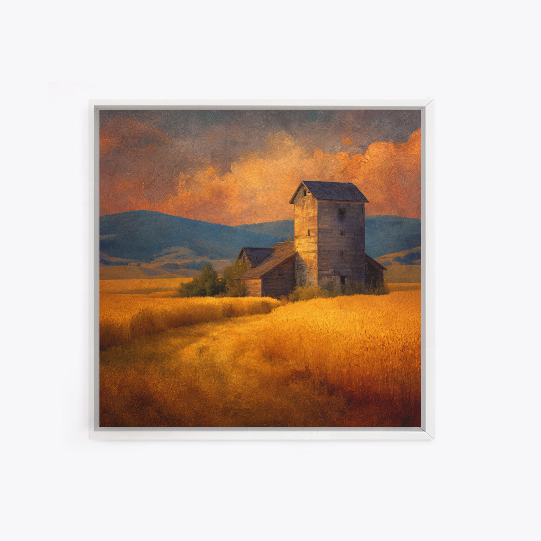 Rustic Barn In Golden Field Landscape Wall Art, Country Sunset Canvas Print, Farmhouse Home Decor Artwork