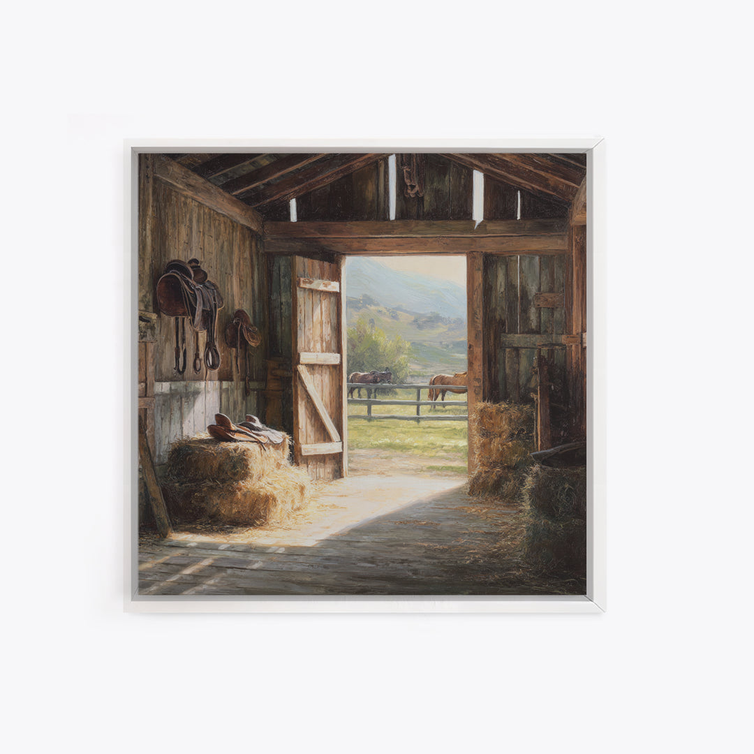 Rustic Horse Barn Interior Wall Art Country Farmhouse Decor Warm Sunlit Stable Landscape Print For Entryway Or Living Room