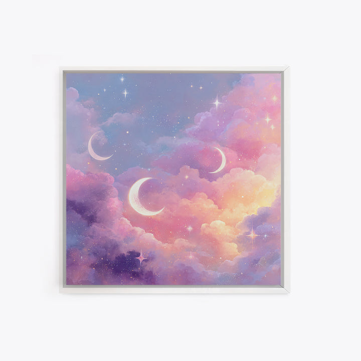 Pastel Crescent Moons In Dreamy Clouds Canvas Print, Celestial Wall Art, Whimsical Nursery Decor, Girls Room Decor, Space Art