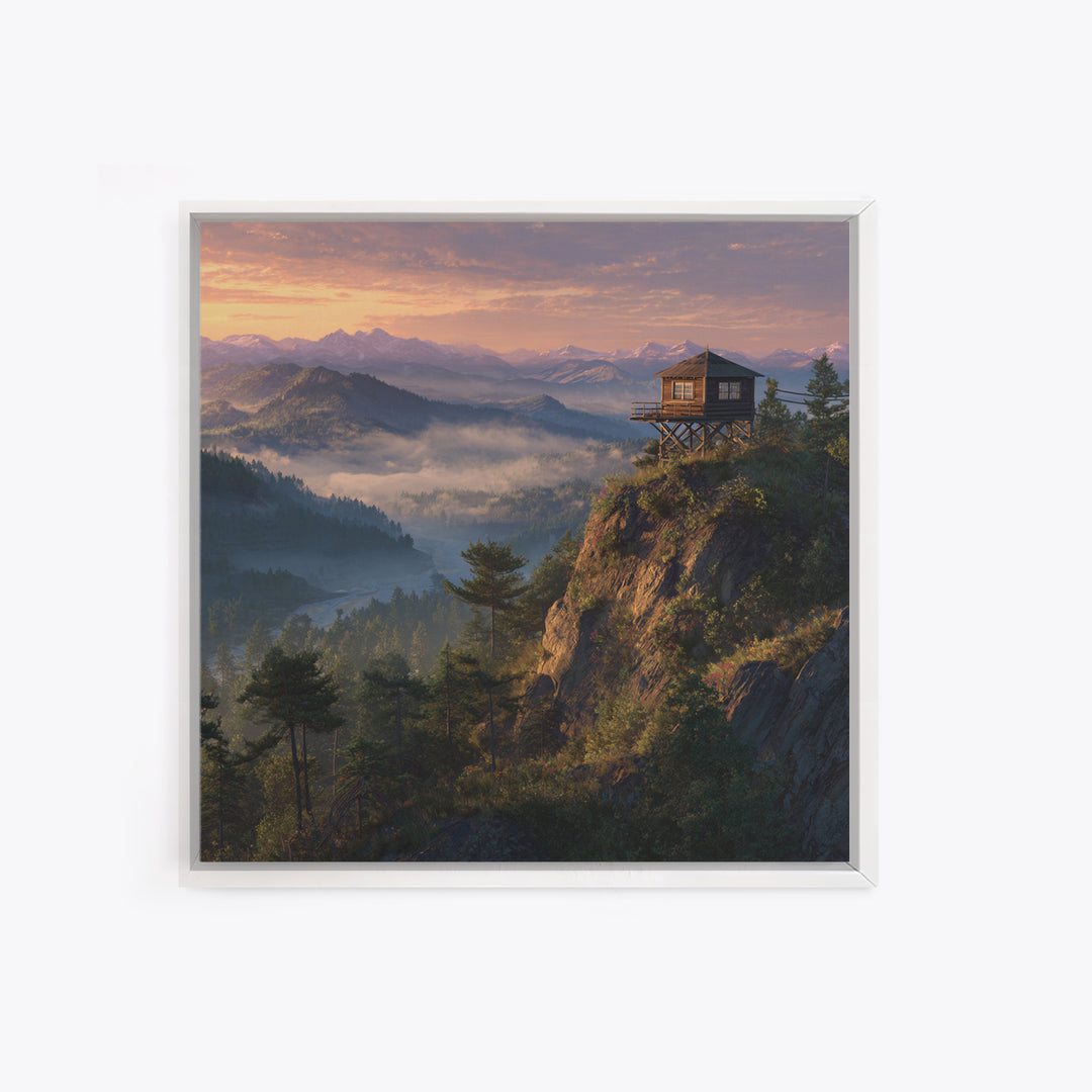 Mountain Fire Lookout Tower Sunrise Landscape Wall Art Misty Forest Painting Modern Home Decor Living Room Canvas Print