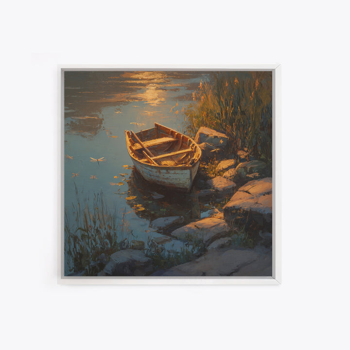 Rowboat On Golden Lake Wall Art, Tranquil Lakeside Landscape Canvas Print, Rustic Cabin Decor, Peaceful Nature Bedroom Wall Art