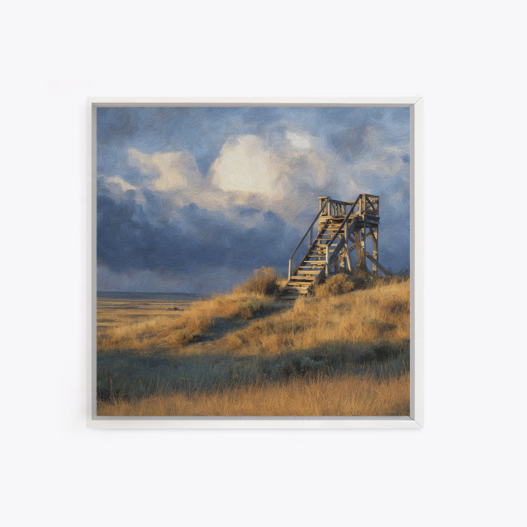 Windblown Dune Stairs Coastal Landscape Wall Art, Moody Beach House Decor Canvas Print