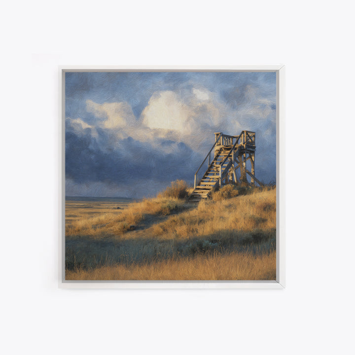 Windblown Dune Stairs Coastal Landscape Wall Art, Moody Beach House Decor Canvas Print