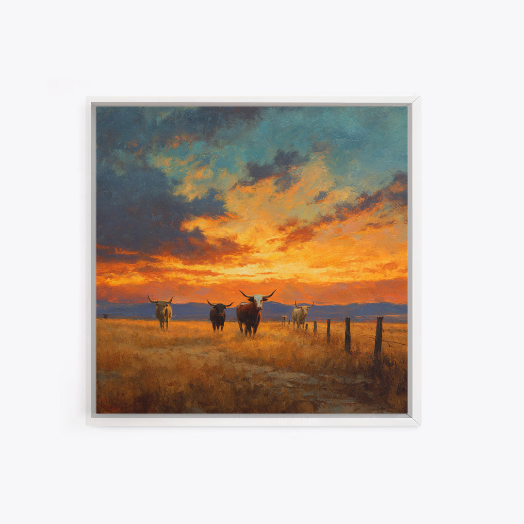 Longhorn Cattle At Sunset Western Landscape Wall Art, Rustic Ranch Canvas Print, Modern Cowboy Home Decor