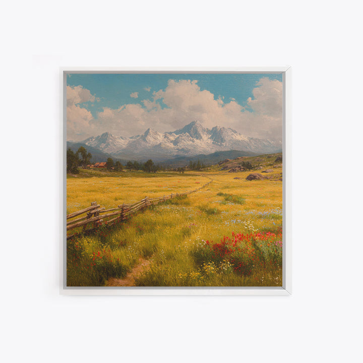 Sunny Alpine Meadow Landscape Wall Art, Wildflower Field Canvas Print, Country Farmhouse Decor, Mountain Nature Art