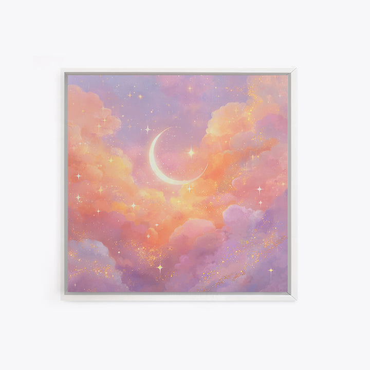 Glowing Crescent Moon Clouds Wall Art, Pastel Celestial Nursery Decor, Pink Bedroom Art, Dreamy Space Print, Girls Room Decor