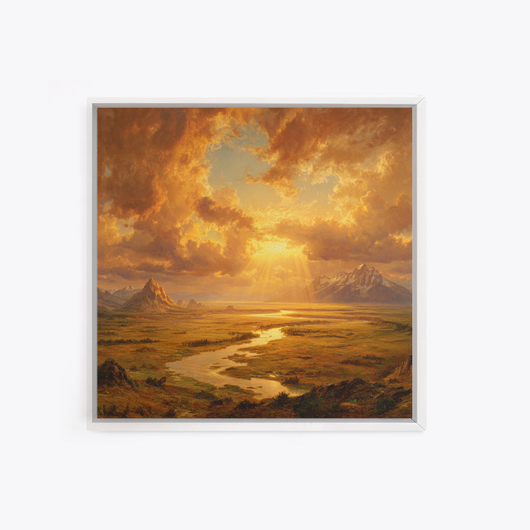 Golden Sunset River Valley Landscape Wall Art, Warm Mountain Print, Rustic Country Decor For Living Room Wall Art