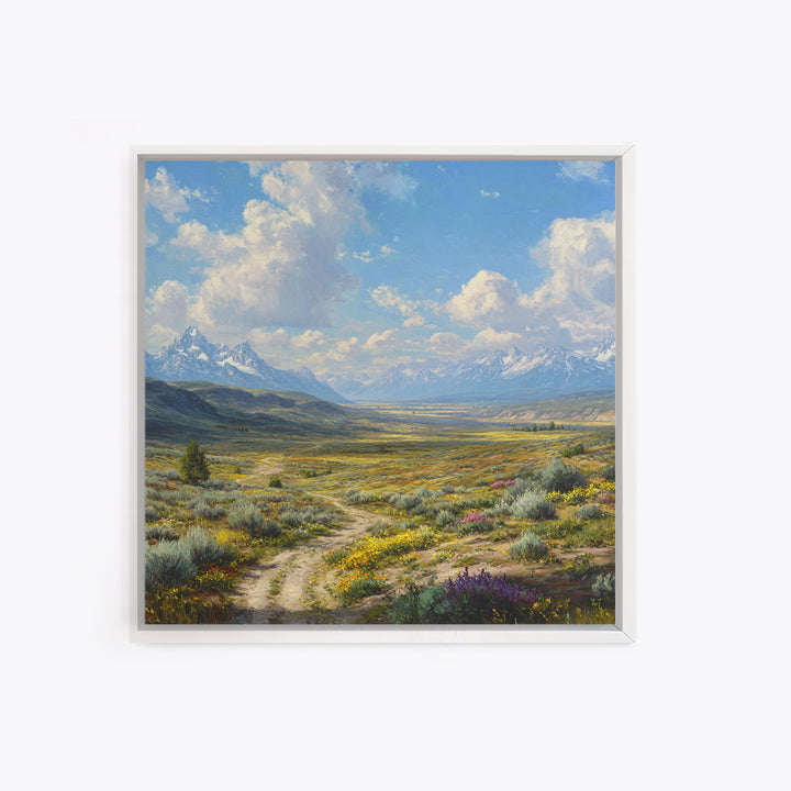 Wide Mountain Valley Wildflower Landscape Wall Art, Country Scenic Canvas Print For Rustic Farmhouse Decor