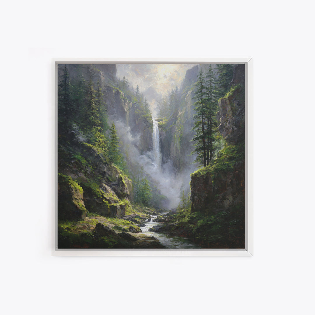 Majestic Mountain Waterfall Forest Landscape Wall Art, Serene Nature Canvas Print For Rustic Cabin Decor