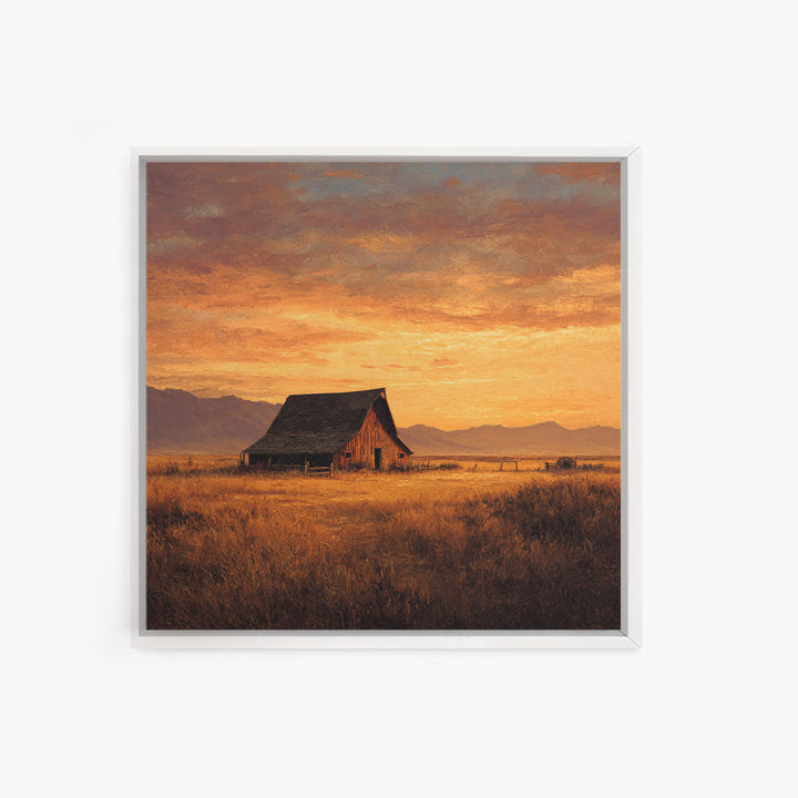 Rustic Barn At Sunset Landscape Wall Art, Country Farmhouse Painting, Warm Autumn Field Scene Large Framed Canvas Print