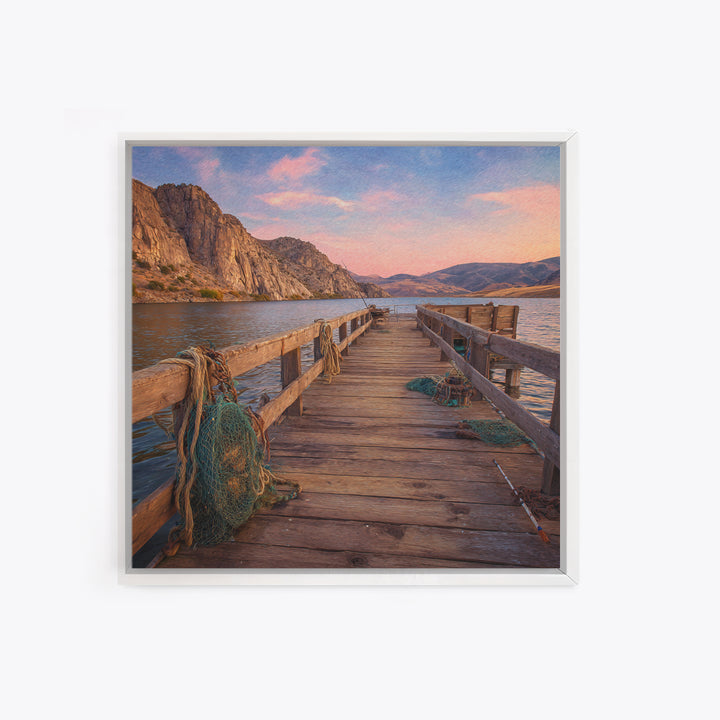 Rustic Fishing Pier At Sunset Canvas Print, Mountain Lake Landscape Wall Art, Cozy Cabin Decor For Lake House Or Living Room
