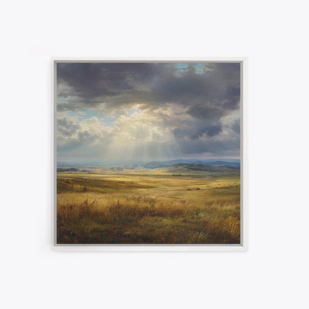 Sun Rays Over Golden Prairie Wall Art, Dramatic Western Landscape Canvas Print, Rustic Country Decor, Large Nature Living Room Art