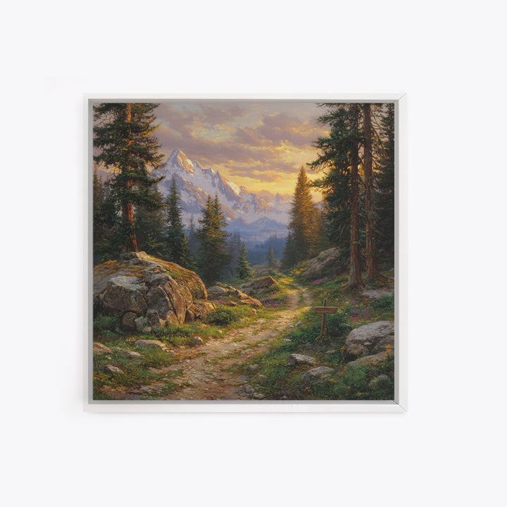 Mountain Forest Path At Sunset Wall Art, Tranquil Landscape Canvas Print For Rustic Cabin Or Living Room Home Decor