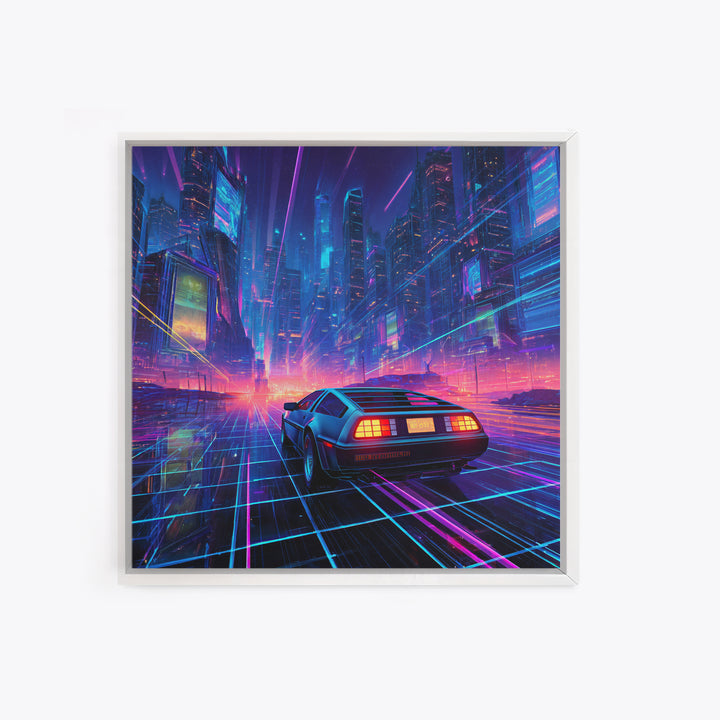 Retro Futuristic Car In Neon Cityscape Wall Art, Cyberpunk Sci Fi Canvas Print, Gaming Room Decor Modern Art