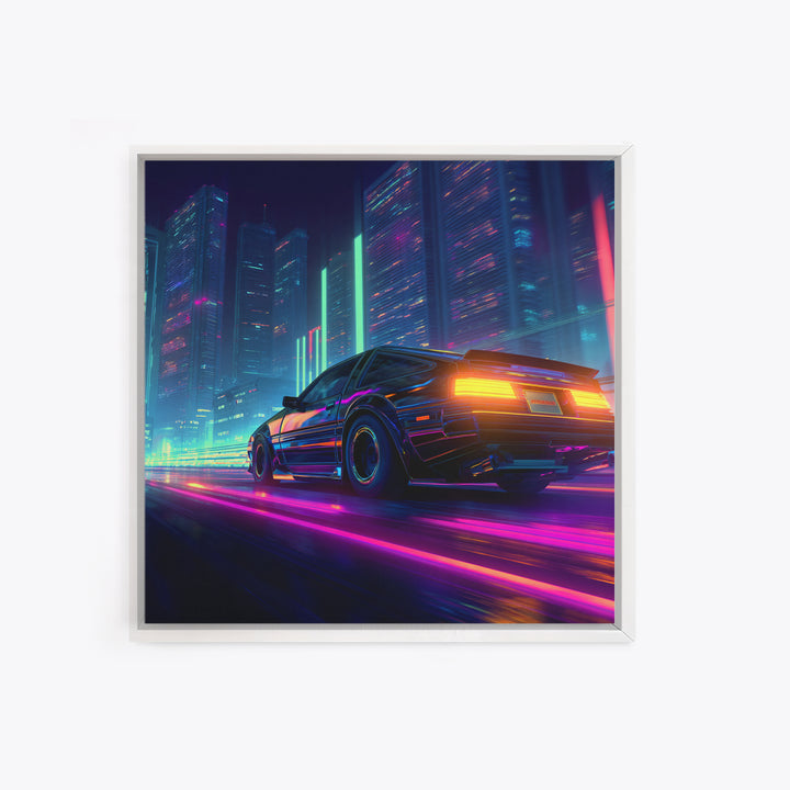 Neon Cyberpunk Sports Car Night Cityscape Wall Art Futuristic Sci Fi Urban Decor Gaming Room Canvas Print For Cool Office