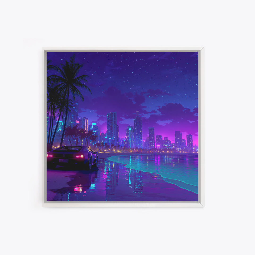 Neon Miami Night Cityscape Wall Art, Retro Futuristic Car On Beach, Cyberpunk Ocean Art, Gaming Room Decor Canvas Print