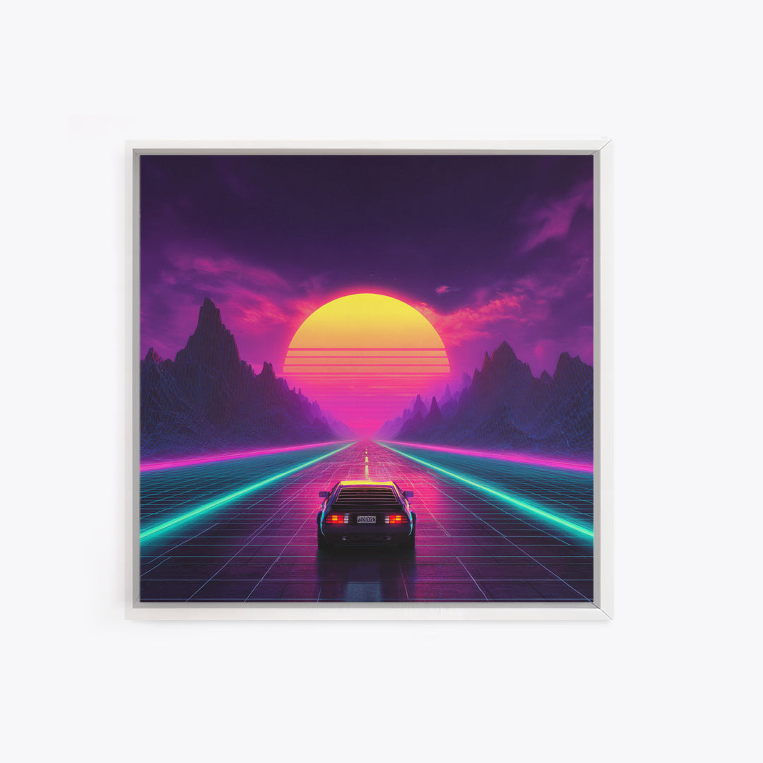 Retro Synthwave Sunset Highway Wall Art, Neon Car Landscape Canvas Print, Cyberpunk Futuristic Decor, Gaming Room Wall Art