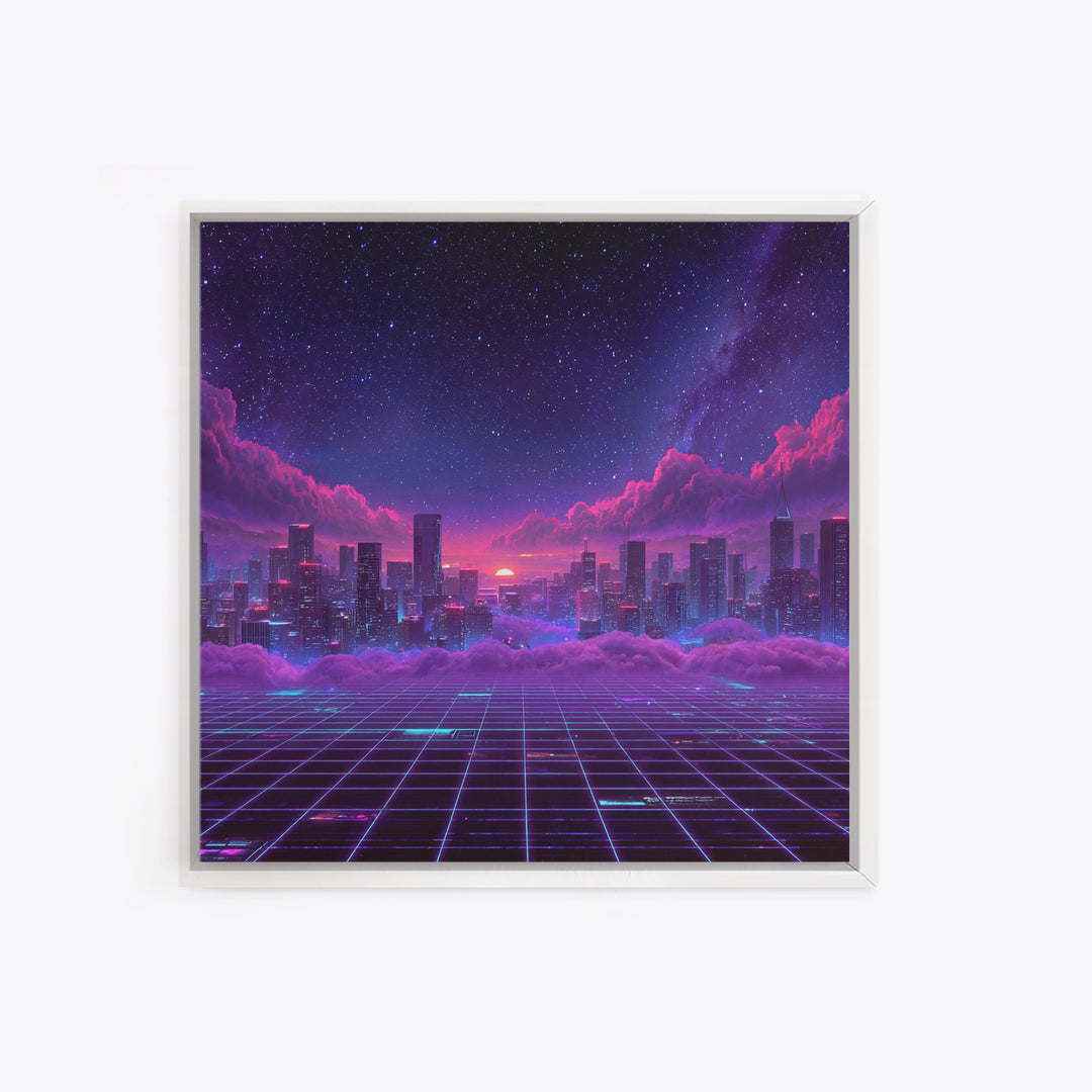 Neon Retro Futuristic Cityscape Wall Art, Vaporwave Sunset Skyline Canvas Print, Cyberpunk Room Decor, Gaming Office Artwork
