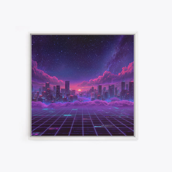 Neon Retro Futuristic Cityscape Wall Art, Vaporwave Sunset Skyline Canvas Print, Cyberpunk Room Decor, Gaming Office Artwork