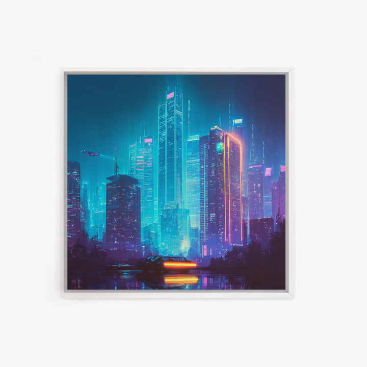 Cyberpunk Neon Cityscape At Night Wall Art, Futuristic Skyline Canvas Print, Retro Wave Room Decor, Gaming Home Decor