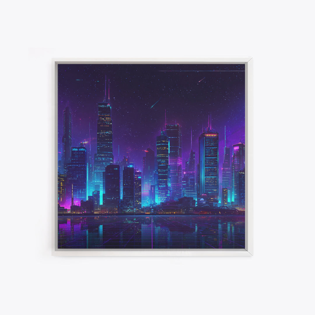 Neon Cyberpunk City Skyline Wall Art, Futuristic Nightscape Canvas Print, Sci Fi Gaming Room Decor, Vaporwave Wall Art