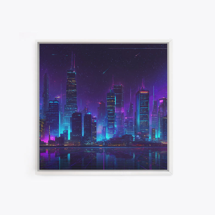 Neon Cyberpunk City Skyline Wall Art, Futuristic Nightscape Canvas Print, Sci Fi Gaming Room Decor, Vaporwave Wall Art