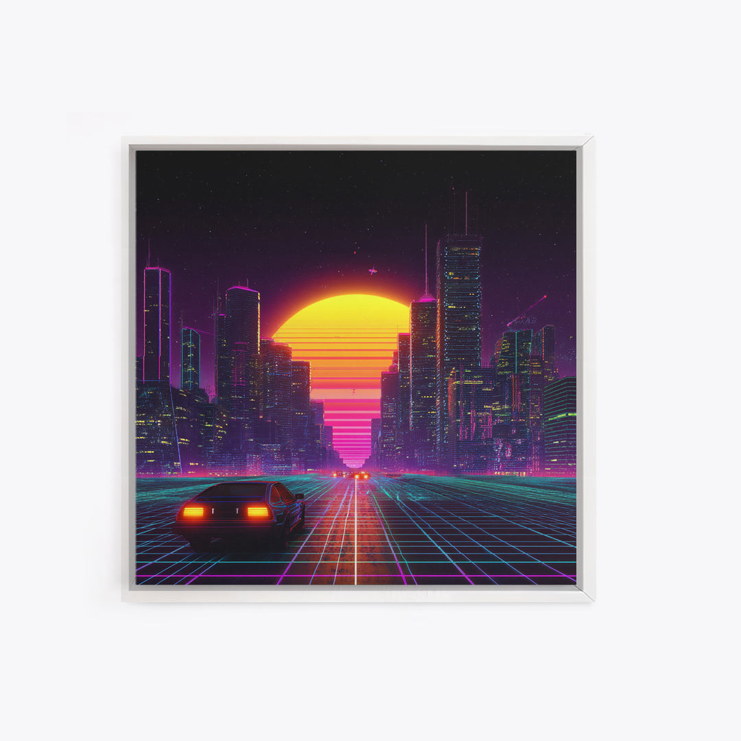 Retro Futuristic City Neon Sunset Car Driving 80s Vaporwave Wall Art Canvas Print Cyberpunk Decor Gaming Room Wall Art