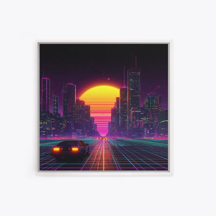 Retro Futuristic City Neon Sunset Car Driving 80s Vaporwave Wall Art Canvas Print Cyberpunk Decor Gaming Room Wall Art