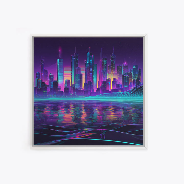 Neon Futuristic City Skyline At Night Wall Art Cyberpunk Landscape Canvas Print Modern Urban Home Decor Gaming Room Artwork