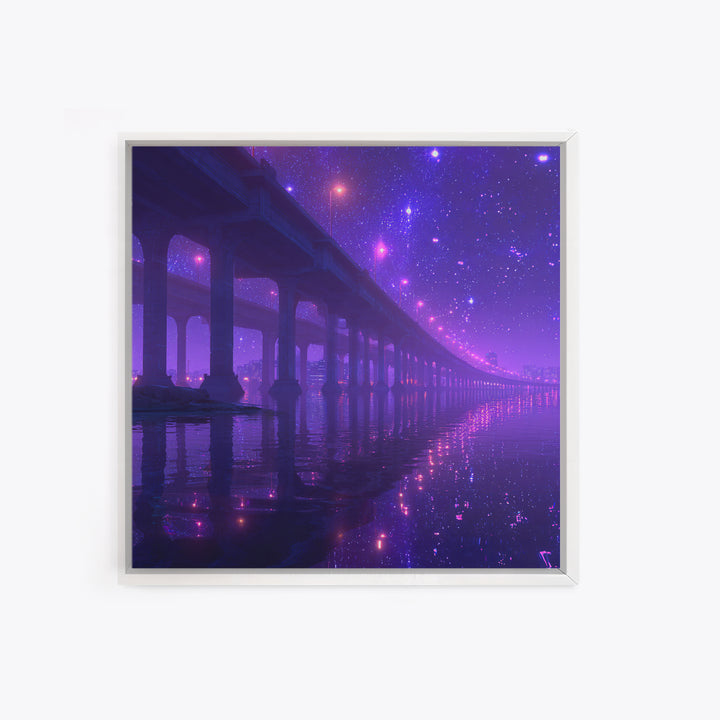 Neon Bridge At Night Over Water Wall Art, Dreamy Purple Cityscape Print, Modern Coastal Home Decor Canvas Print