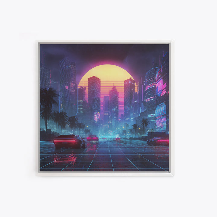 Neon Cyberpunk Cityscape With Retro Cars Wall Art Canvas Print, Futuristic Sci Fi Gaming Room Decor Modern Urban Art