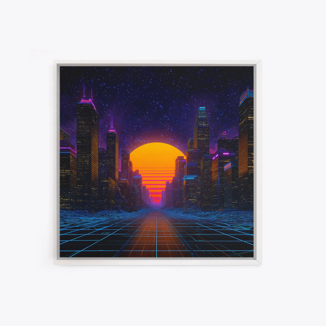 Neon City Sunset Retro Futuristic Wall Art, Cyberpunk Skyline Print, Synthwave Gaming Room Decor, Vibrant Sci Fi Living Room Wall Art