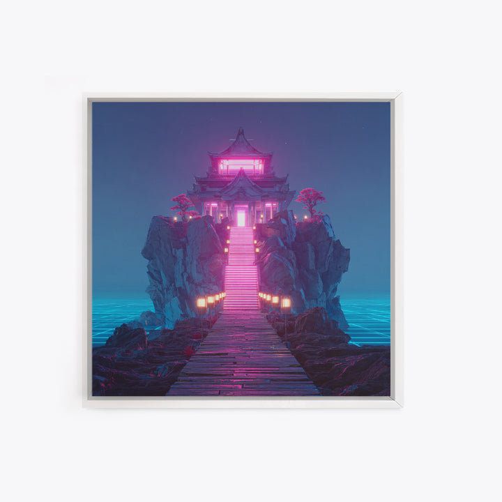 Neon Temple On Ocean Cliff Wall Art, Futuristic Fantasy Landscape Print, Surreal Zen Decor, Modern Home Decor Canvas Print