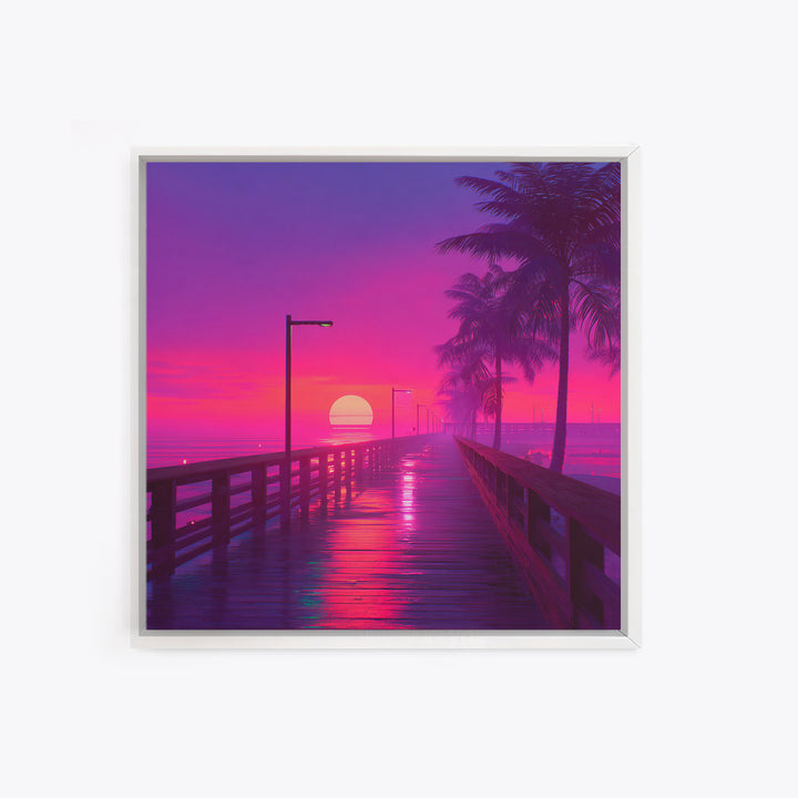 Neon Pier At Sunset With Palm Trees Wall Art, Vibrant Coastal Landscape Print, Retro Beach Home Decor Canvas Print