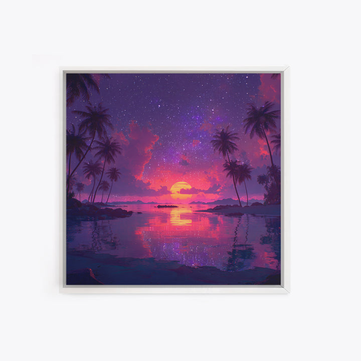 Starlit Tropical Lagoon Sunset Wall Art, Dreamy Pink Purple Coastal Landscape, Romantic Beach Canvas Print For Bedroom