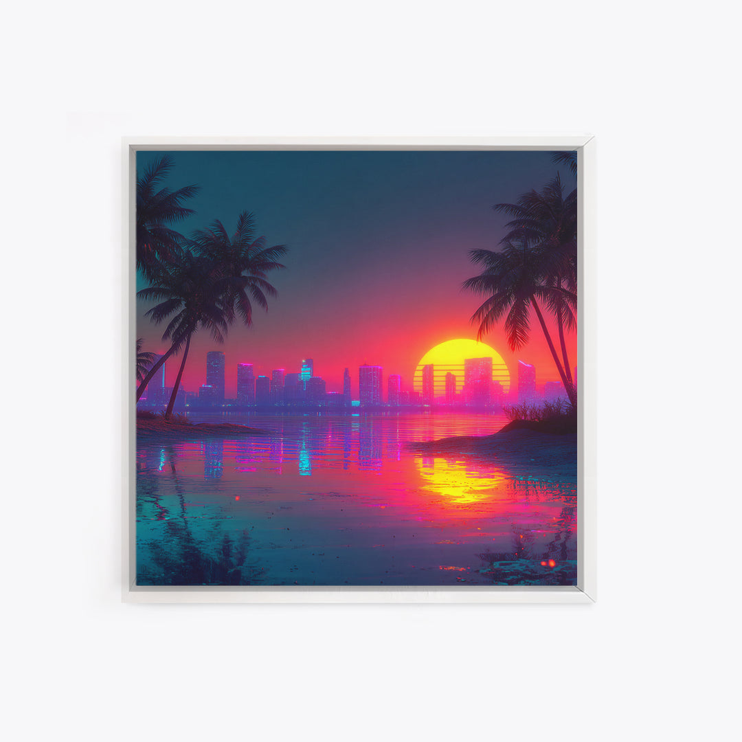Retro Neon Beach Sunset City Skyline Wall Art Vaporwave Aesthetic Canvas Print Modern Coastal Wall Art Decor